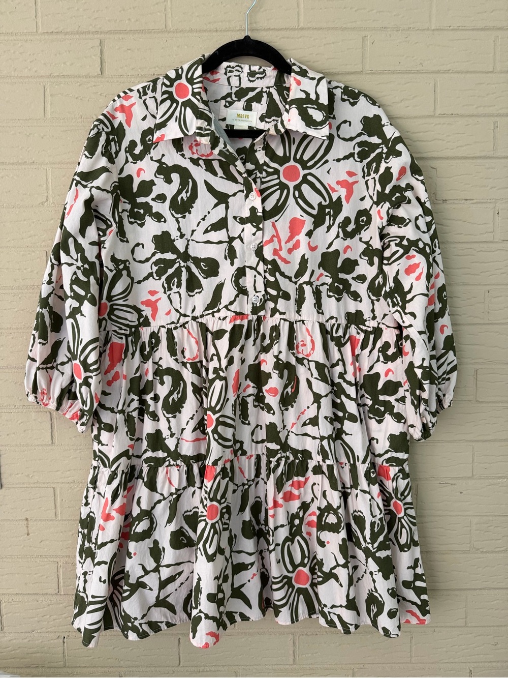 Anthropologie White, Olive & Coral Floral Tiered Dress